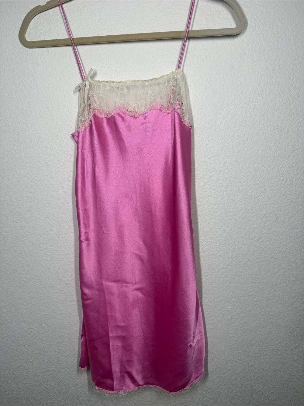 Victoria's Secret Hot Pink Satin Slip with Cream Lace Trim